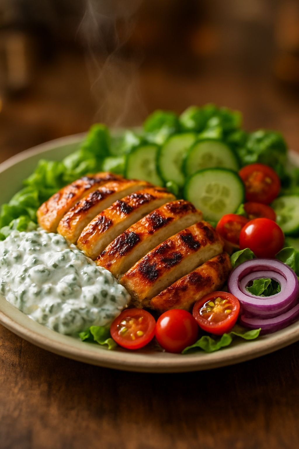 An image of Grilled Chicken Salad Bowl with Creamy Herb Yogurt Easy Homemade Recipe