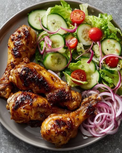 An image of Honey Soy Glazed Chicken Drumsticks with Cucumber & Cherry Tomato Salad