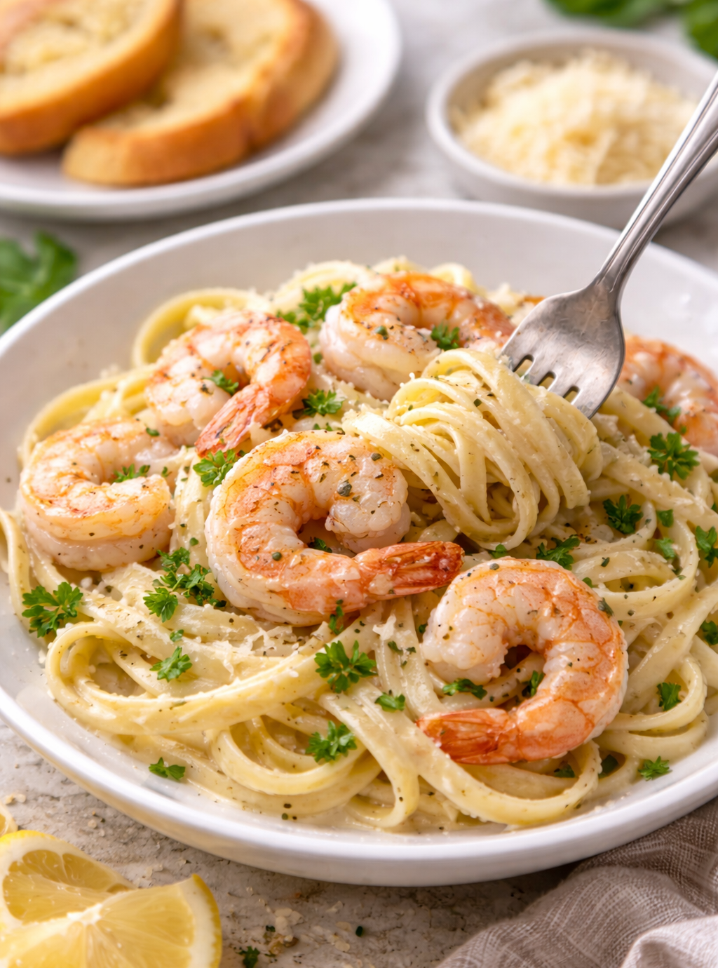 Creamy shrimp fettuccine Alfredo served in a white bowl, garnished with parsley and Parmesan.