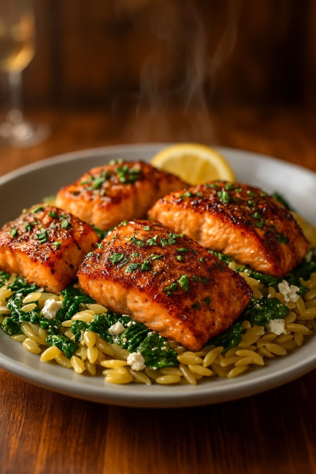 An image of Lemon Butter Salmon with Orzo, Spinach & Feta Easy Weeknight Recipe