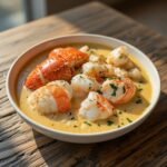 Creamy seafood bisque with crab shrimp and lobster