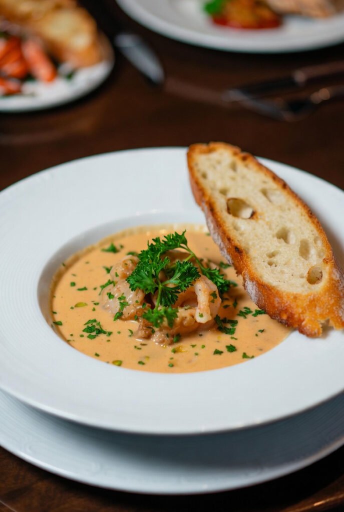 Seafood bisque served with bread