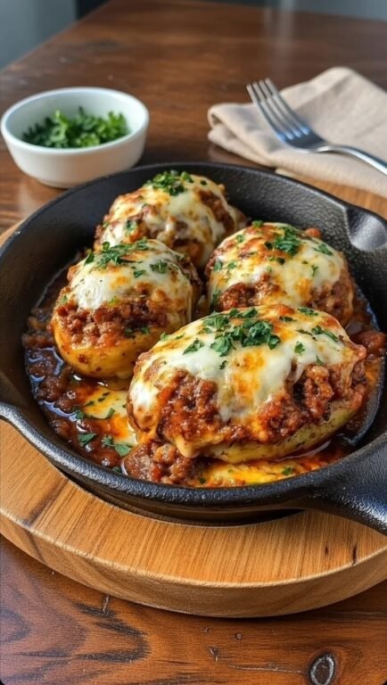 Stuffed potatoes with ground beef and melted cheese