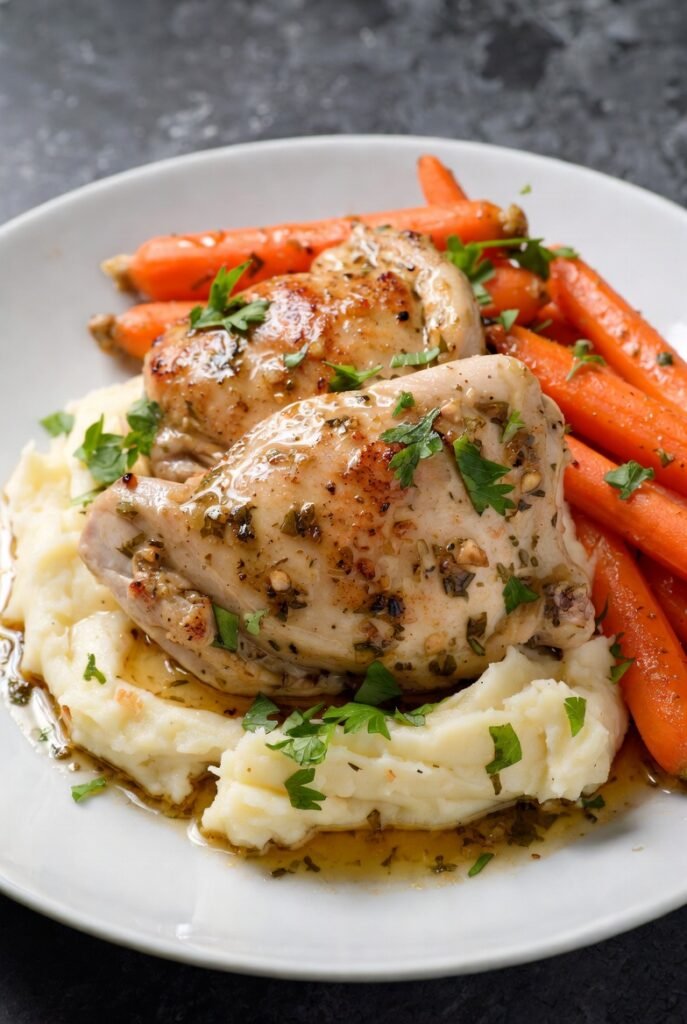 Juicy Herbed Roasted Chicken with Mashed Potatoes & Glazed Carrots
